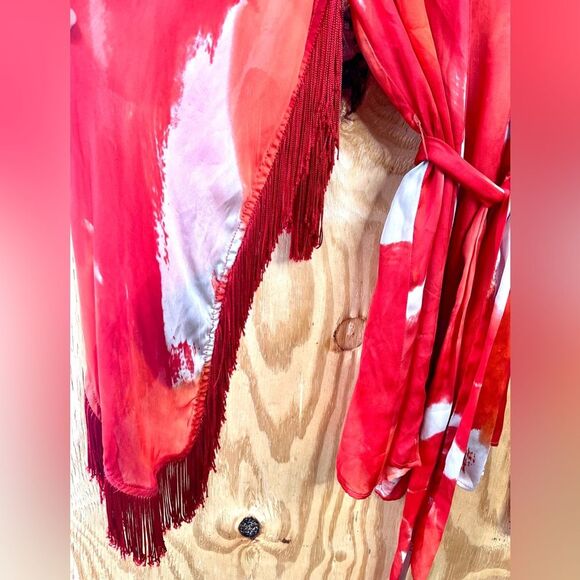 Rare KMilele Red Tie-Dye Kimono Boho Silk Top with tie fringe sleeves Sz M Gypsy - Picture 5 of 10